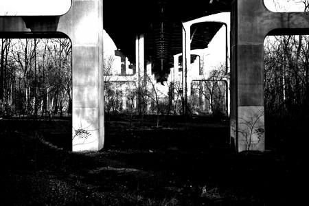 A bridge and its shadow, centered, directly overhead.
